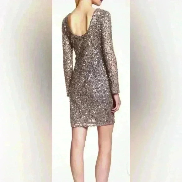 Adrianna Papell Scoop Back Sequin Long Sleeve Dress in Lead #N377; size 8 - Picture 2 of 10